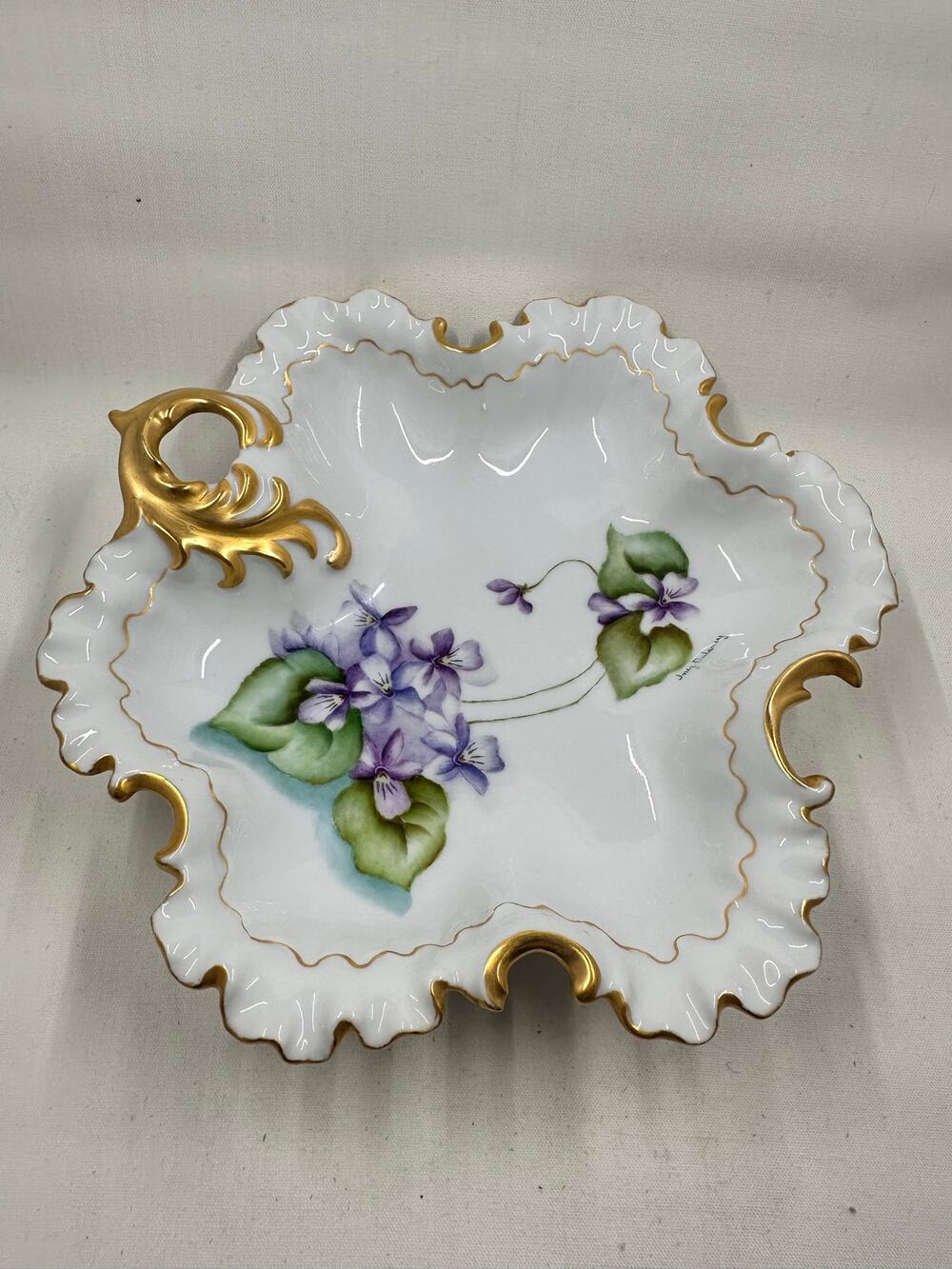 Vtg Hand Painted Porcelain Trinket Dish-  Violets w/ Gold Accents